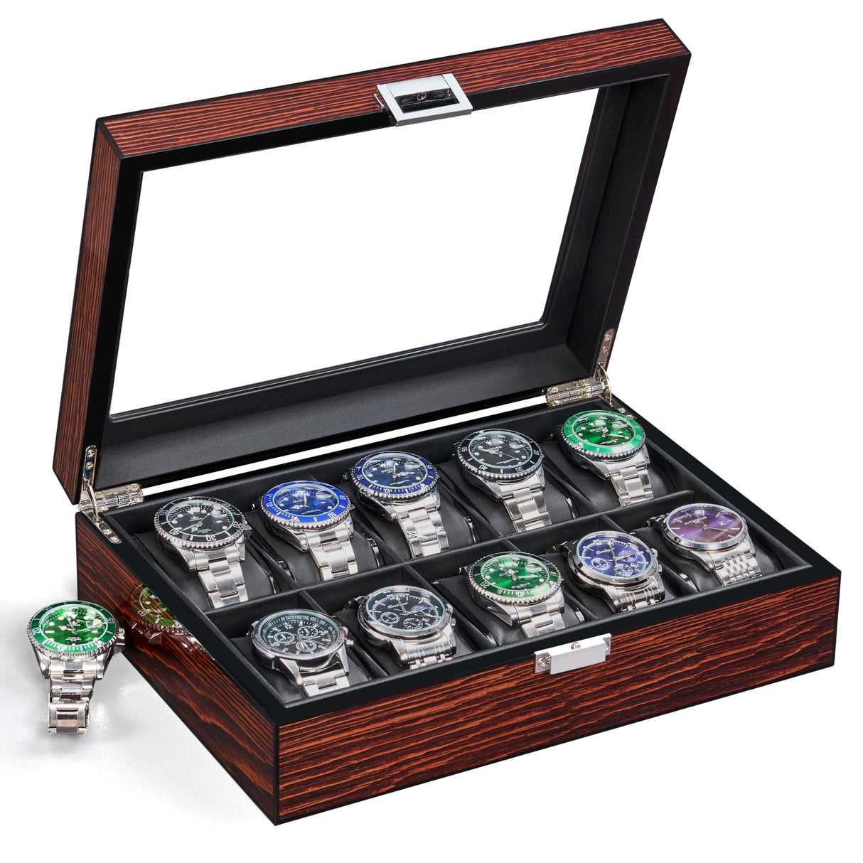 BEWISHOME Watch Box -10 Slot Luxury Wooden Watch Cases for Men Watch Storage with Real Glass Top, Mens Watch Organizer Holder with Removable Pillows, Smooth Faux Leather Interior, Brown SSH10Y BEWISHOME