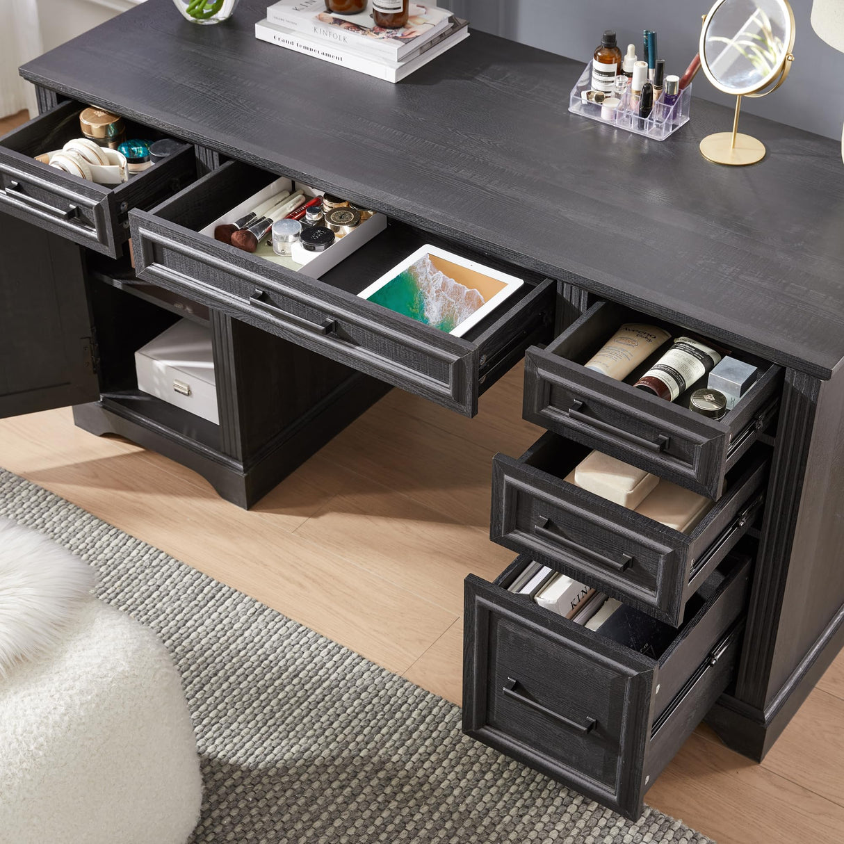 JXQTLINGMU Farmhouse 58" Executive Desk, Computer Desk with Drawers and Storage Cabinet, Workstation for Home Office, Black JXQTLINGMU