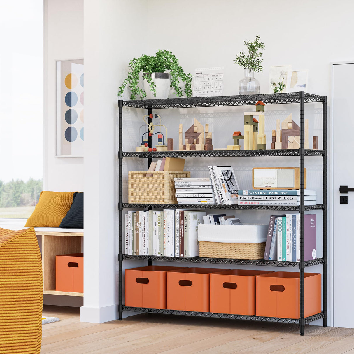 M MZG 5 Tiers Storage Shelves Load 3300LBS, Metal Shelving Wire Metal Shelving Unit Shelves for Storage Adjustable Garage Shelving for Pantry Kitchen Garage Black 17.7" D x 59.1" W x 70.4" H M MZG