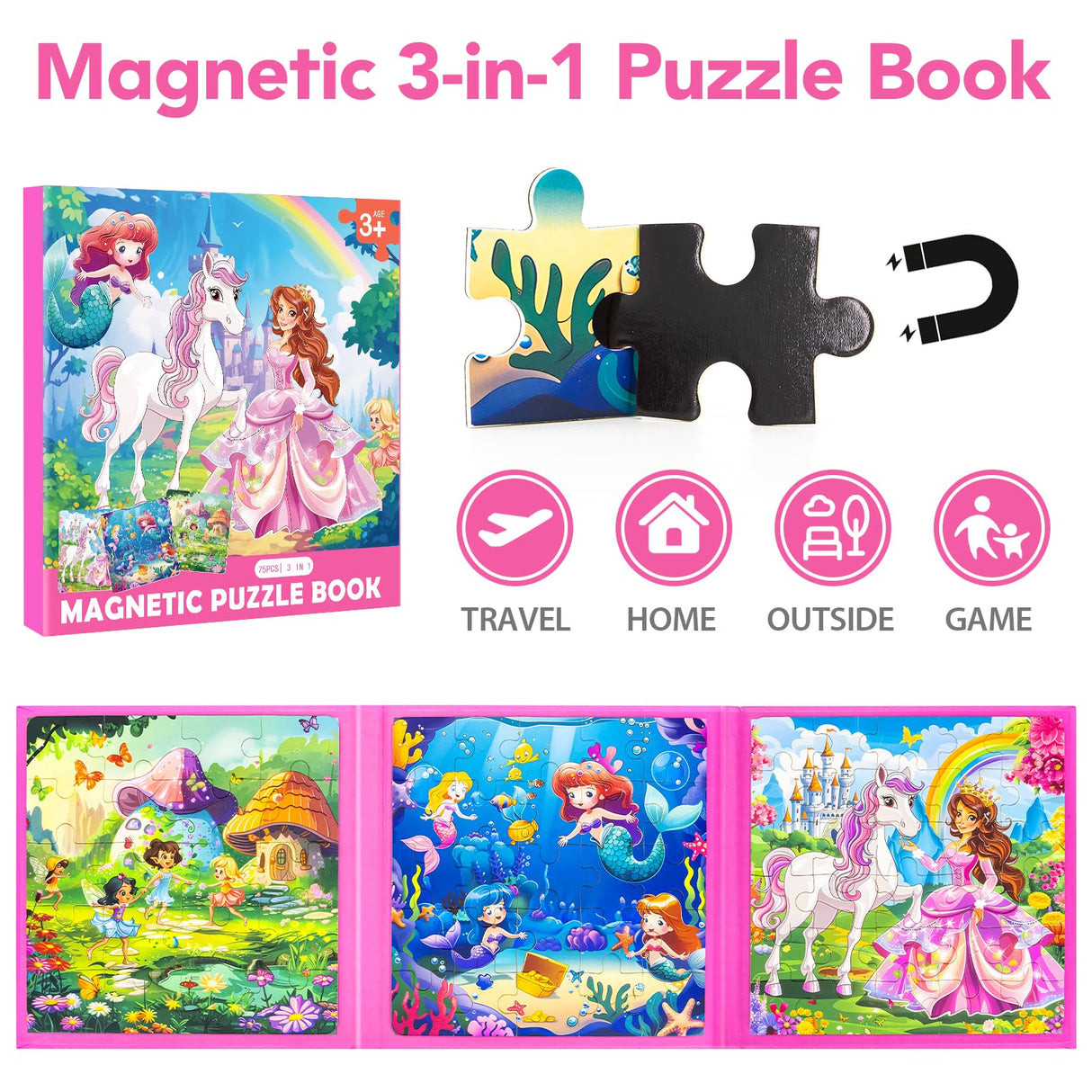 Princess Magnetic Mermaid Puzzles for Toddlers 3-5 Girls, 20-25-30 Pieces, Ages 4-6, Travel Entertainment Toys, Birthday Gifts Jeacirio
