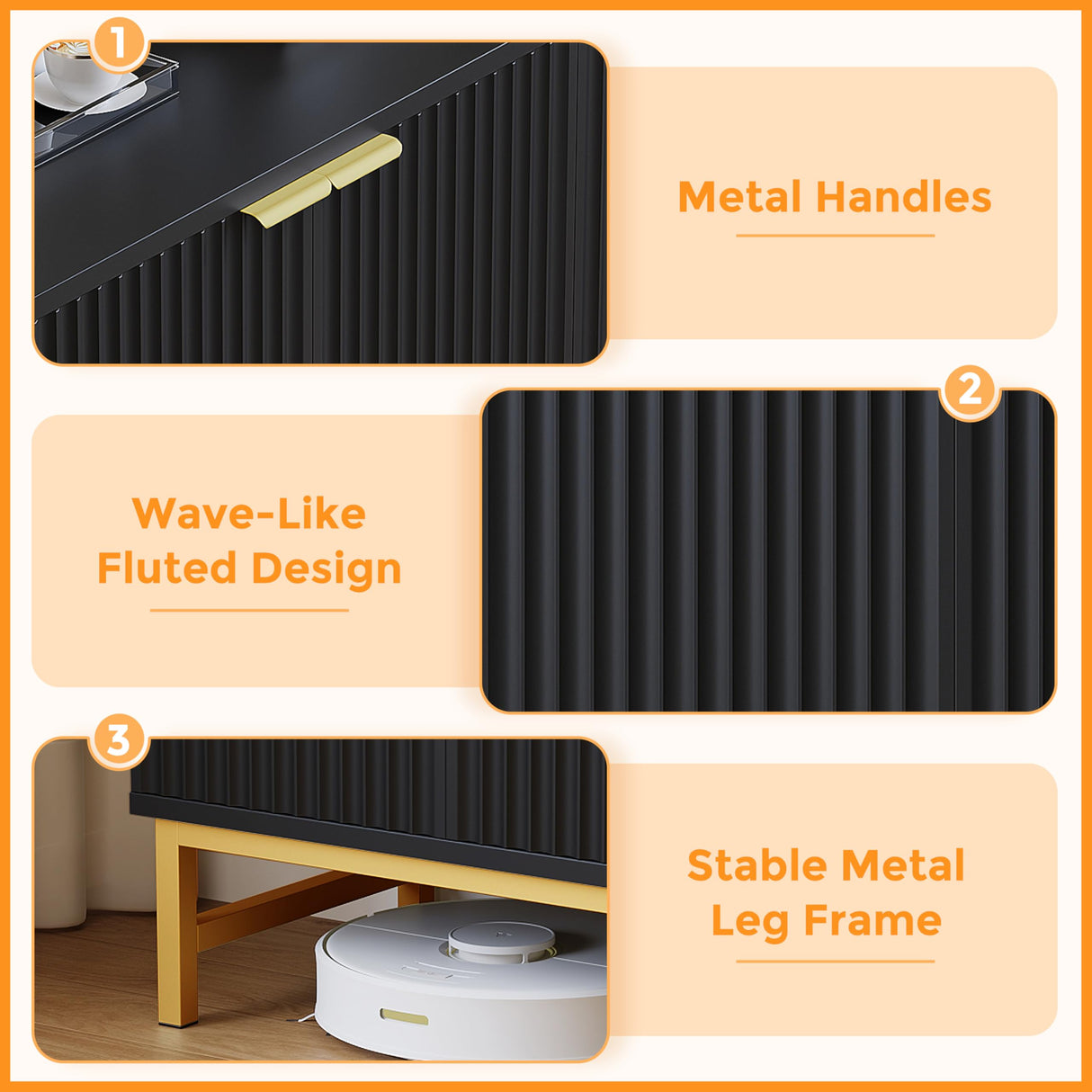 Luoxiao Fluted Sideboard Buffet 55" Console Table for Entryway Modern Credenza Accent Cabinet with Adjustable Shelves Coffee Bar Cabinet for Living Room, Kitchen, Dining Room,Hallway Black Luoxiao