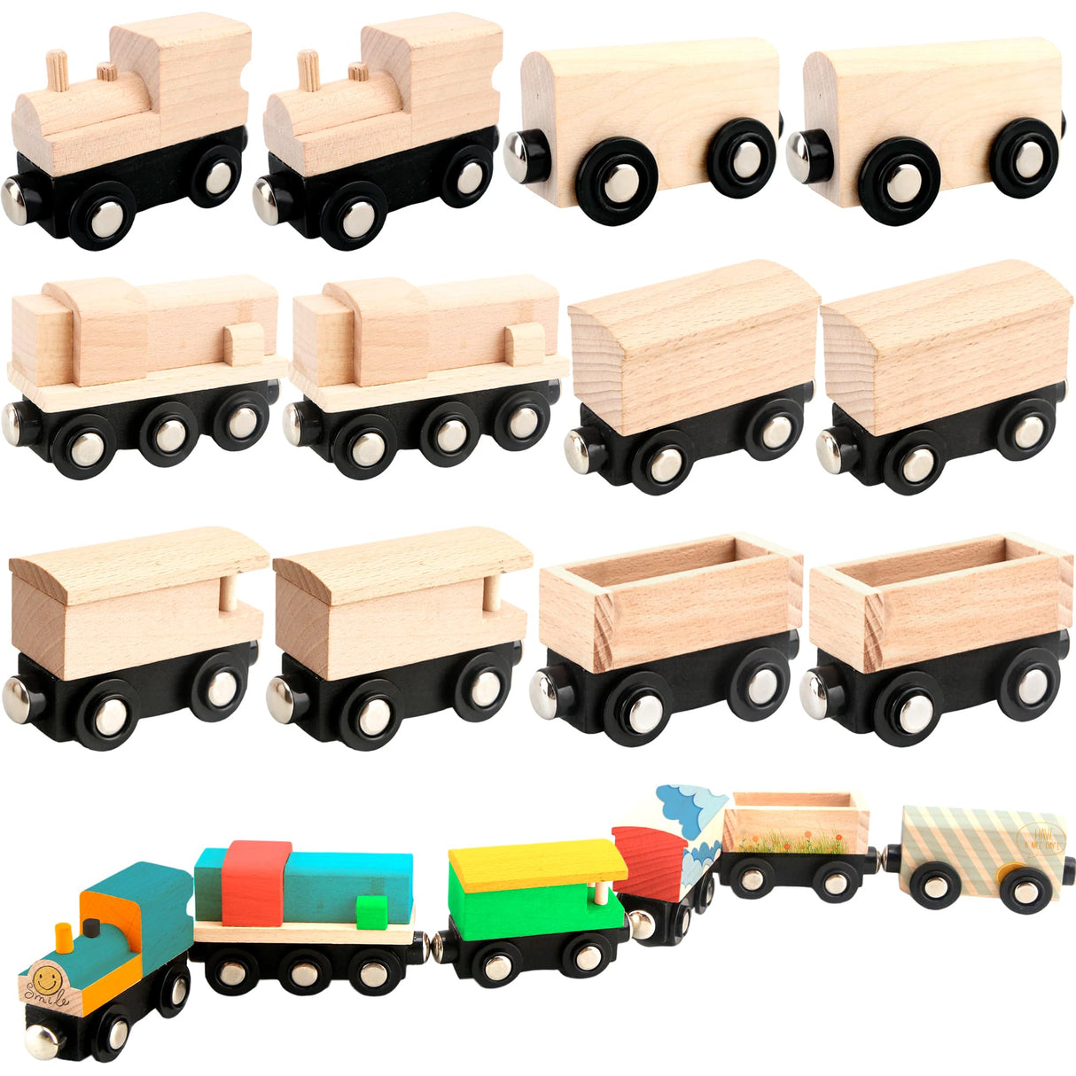 Hoarost 18 Pack Unfinished Wooden Cars Unpainted Magnetic Wood DIY Crafts Trains Car for DIY Craft Activities Birthday Gift (Color Set 2) Hoarost