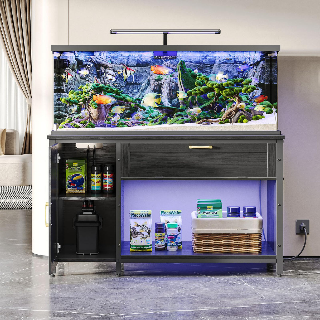 Bestier 55-75 Gallon Fish Tank Stand with Power Outlet & LED Light, 49"x19" Heavy-Duty Metal Aquarium Stand with Cabinet & Drawer for Accessories Storage, Suit for Reptile/Turtle Terrarium Bestier