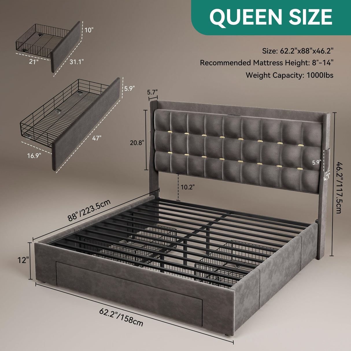 YITAHOME Queen Size Bed Frame with 3 Storage Drawers and RGB LED Lights, Velvet Upholstered Bed with Charging Station and Storage Headboard, No Box Spring Needed, Easy Assembly, Noise-Free, Grey YITAHOME