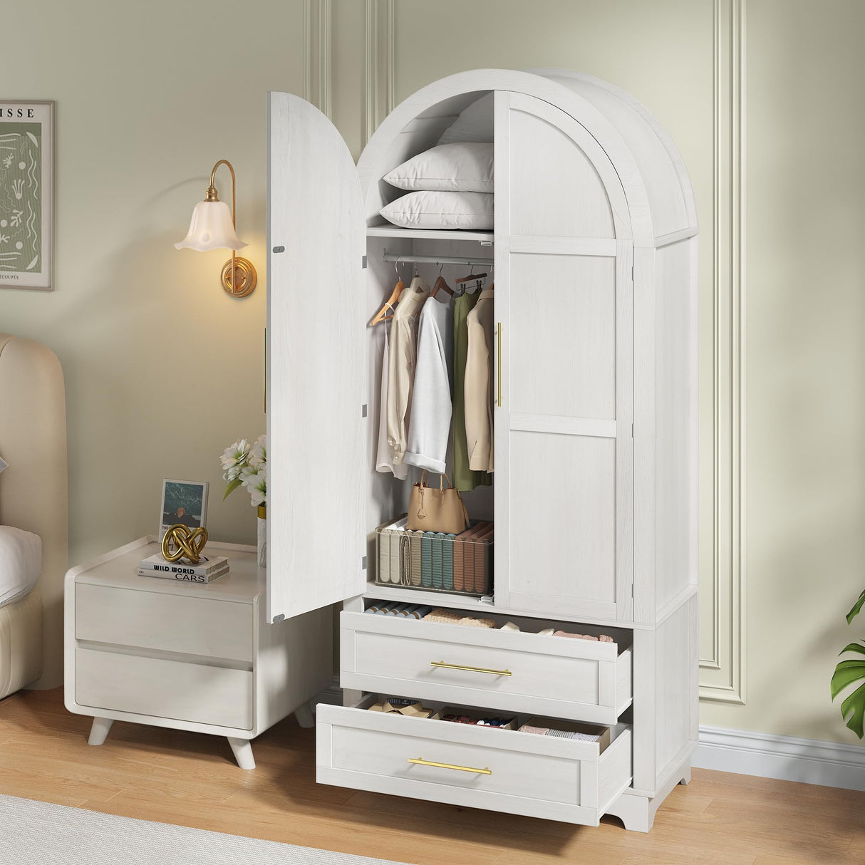 Maupvit Wardrobe Closet, Modern Armoire Wardrobe Closet with 2 Drawers and Arched Doors, 73" Tall Wooden Bedroom Armoires with Shelves and Hanging Rod, White Maupvit