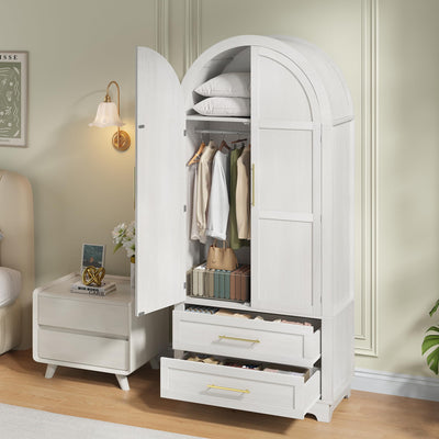 Maupvit Wardrobe Closet, Modern Armoire Wardrobe Closet with 2 Drawers and Arched Doors, 73" Tall Wooden Bedroom Armoires with Shelves and Hanging Rod, White
