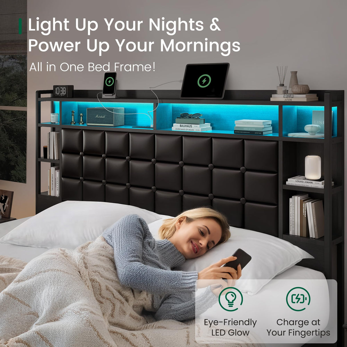 LARMACE King Size Bed Frame with 4 Storage Drawers and Bookcase Headboard, Faux Leather Upholstered, Wooden Platform Bed Frame with Charging Station and LED Lights, No Box Spring Needed, Black LARMACE