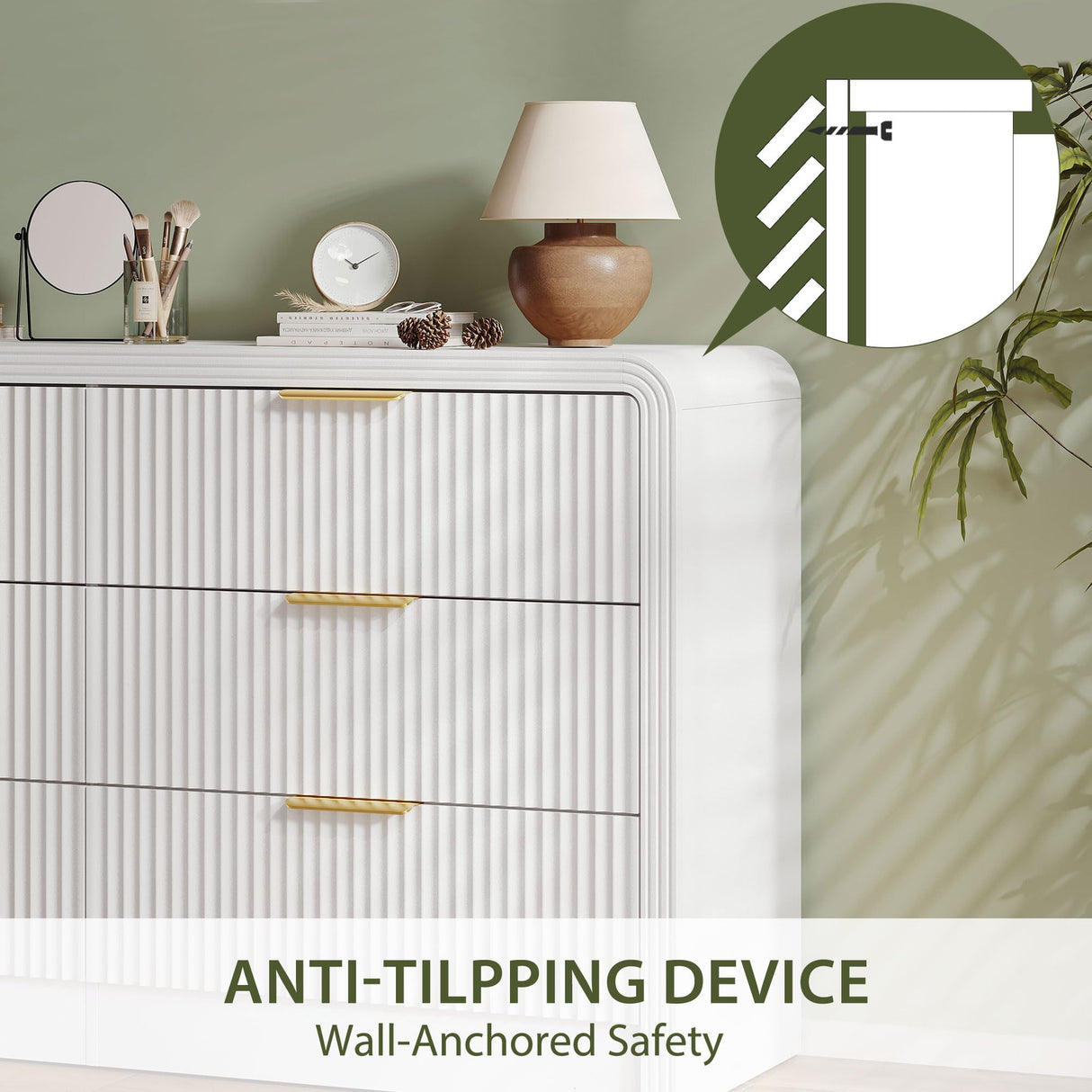 Decofy Fluted 6 Drawers Dresser for Bedroom, 55 Inch Wood Dressers with Gold Handles, Modern Dressers with Wave Texture, Large Storage Chest of Drawers, Bedroom Dresser Organizer (Pure White) Decofy