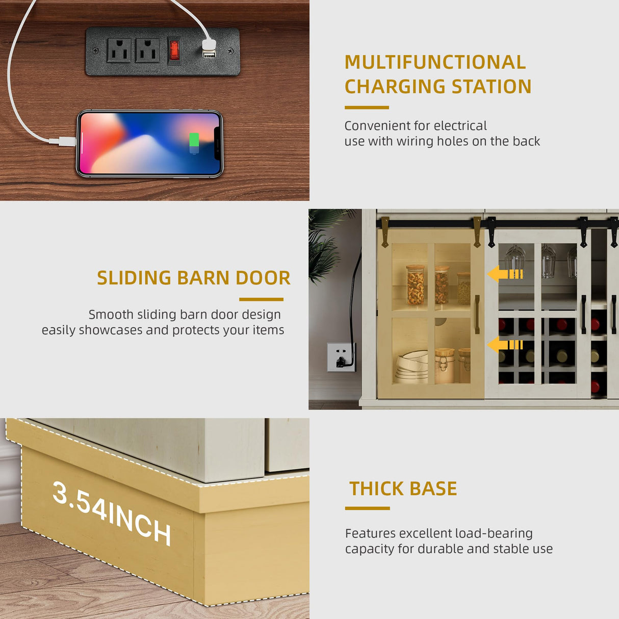 DWVO Farmhouse Wine Bar Cabinet with Power Outlet, 53" Farmhouse Home Bar Cabinet Buffet Cabinets with Wine & Glass Rack for Kitchen, Dining Room, Antique White DWVO