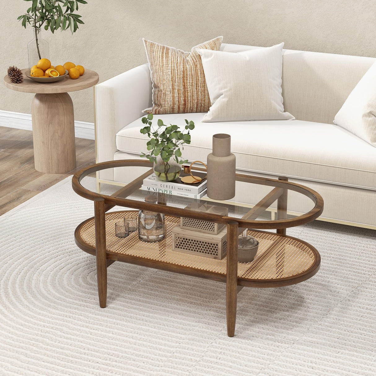 Tangkula Rattan Coffee Table, 40”L Boho Oval Acacia Wood Cocktail Table with Tempered Glass Tabletop & PE Rattan Storage Shelf, 2-Tier Tea Center Table for Living Room Office Reception (Boho, Brown)
