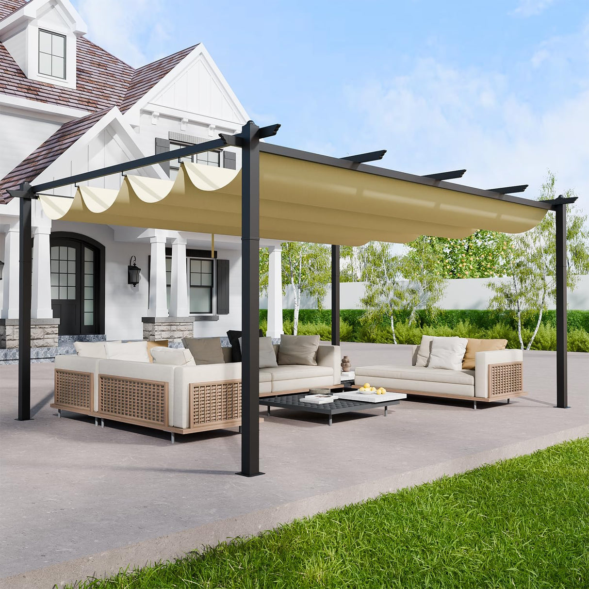 EBE 12'x16' Outdoor Pergola, Metal Patio Pergolas, Heavy Duty Retractable Awning Pergola Sun Shade Canopy for Decks, Gardens and Backyards, Beige EBE