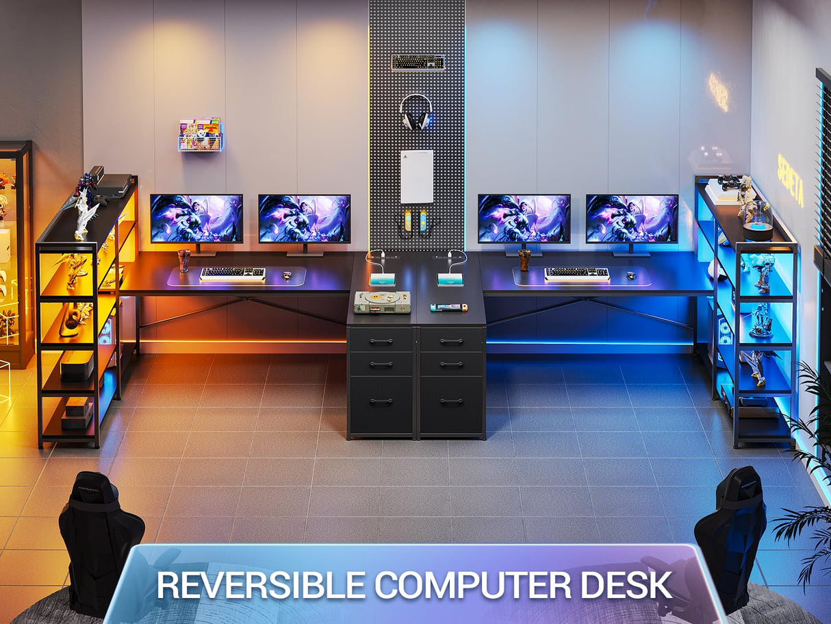 SEDETA L Shaped Gaming Desk, Reversible U Shaped Computer Desk with Power Outlet and Storage Shelves, Corner Gaming Desk with LED Lights, 3 Fabric Drawers, Black SEDETA