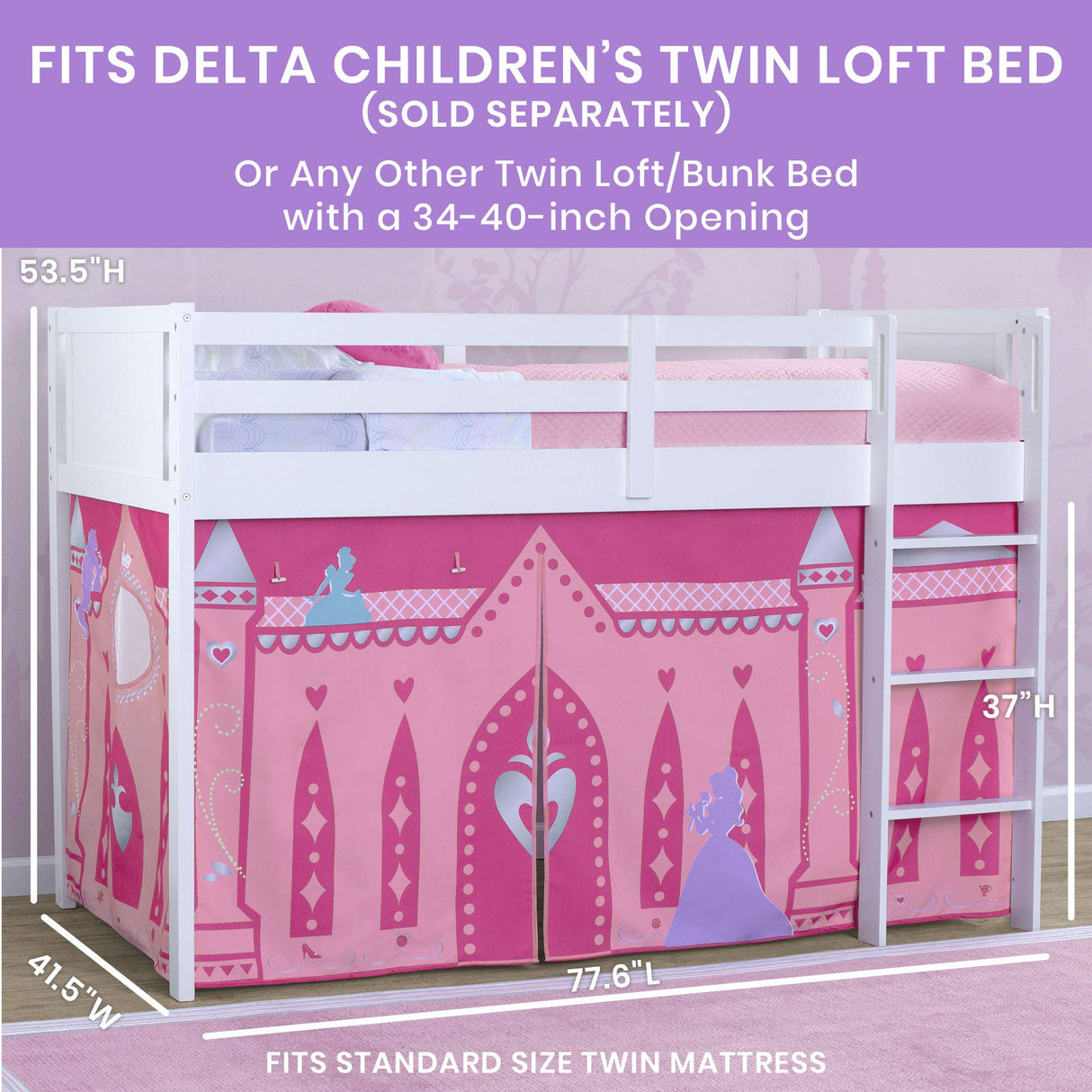Delta Children Loft Bed Tent Curtain Set for Low Twin, Disney Princess Delta Children