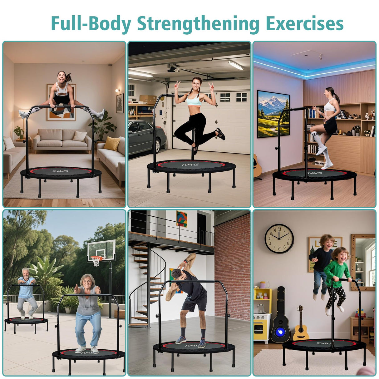 RAVS Mini Trampoline for Kids Adults 40"/48" Foldable Fitness Rebounder Kids Trampoline with 5 Levels Height Adjustable Handle Resistance Bands Indoor Workout RAVS