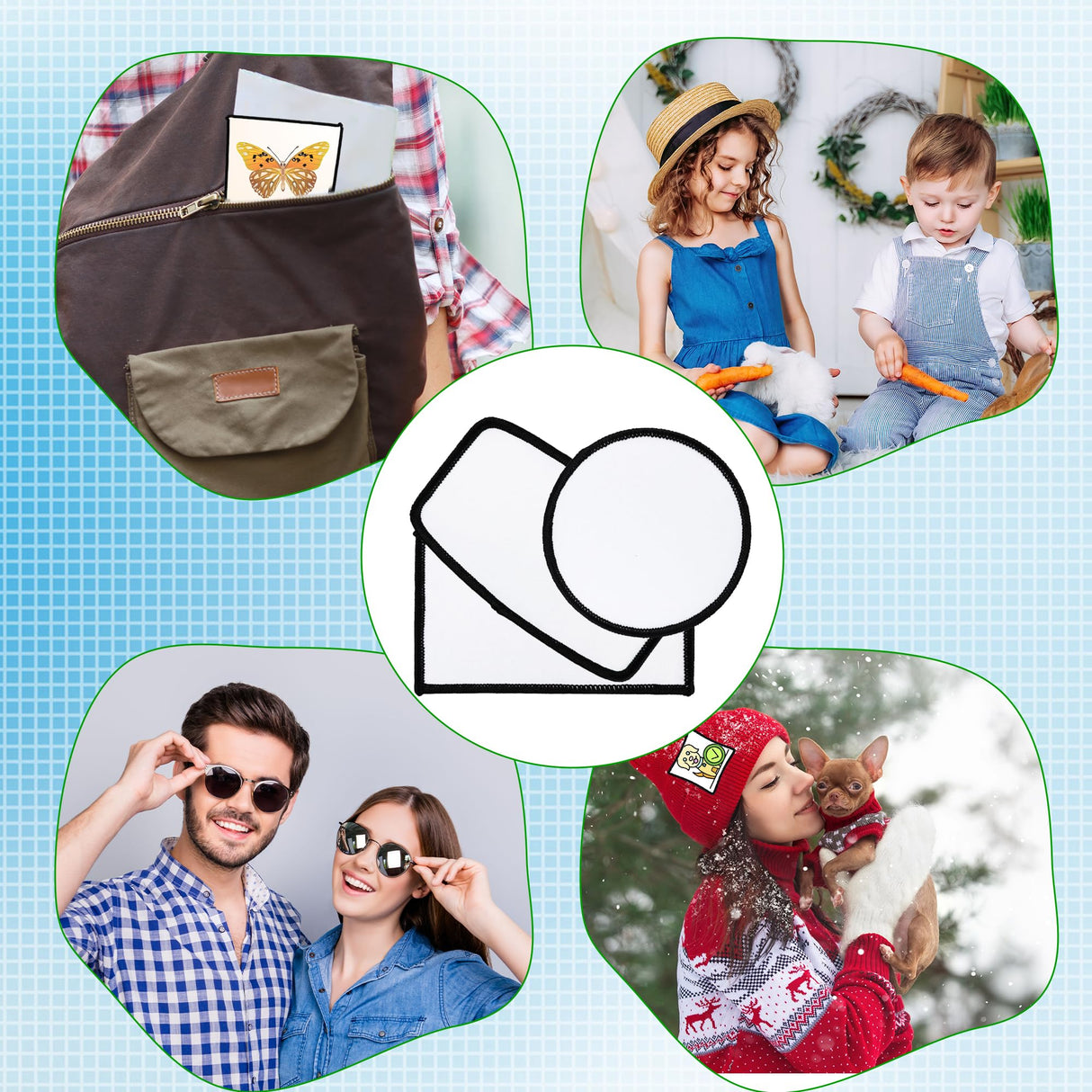 150 Pcs DIY Sublimation Patches Blank Iron on Patches Round Rectangle Blank Fabric Patches for Clothes Hat Shoes Bags Repair, 3 Shape Skyebed