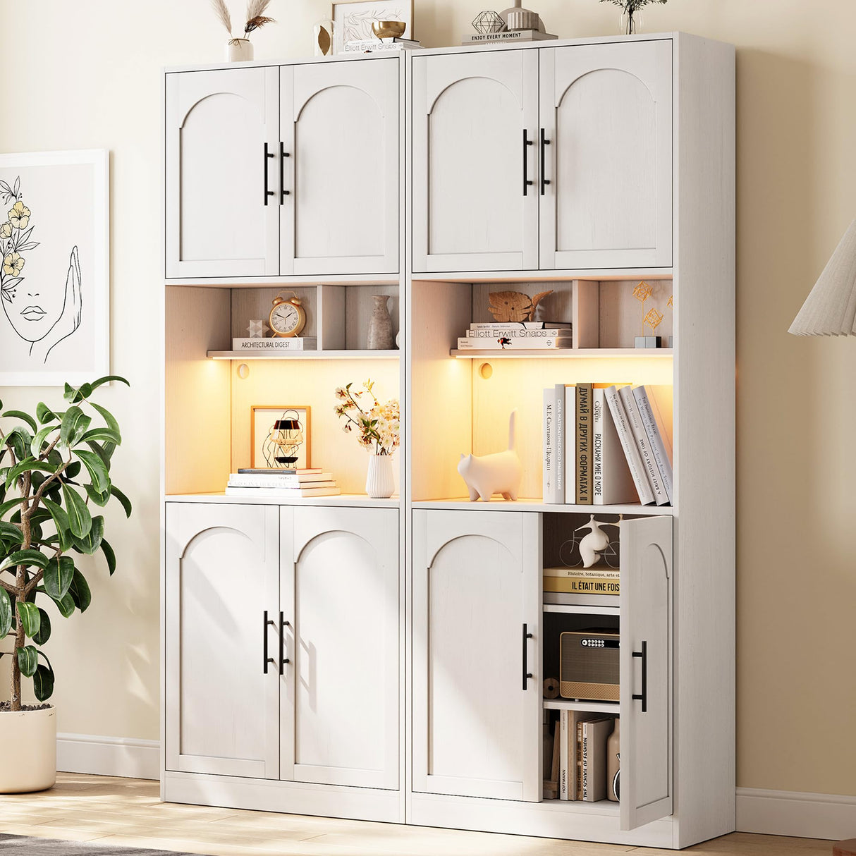 GarveeHome 71” Tall Kitchen Pantry Storage Cabinet with Microwave Shelf and LED Light, Storage Cabinet with Door and Shelve, Hutch Cabinet with Storage for Dining Room, Living Room, Bathroom, White GarveeHome