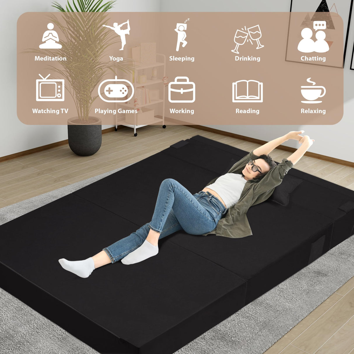 Youtanic 5 in 1 Folding Sofa Bed, Queen Size Convertible Sleeper Chair with Pillow, Memory Foam Futon Couch, Velvet Fabric Washable Mattress for Living Room, Dorm, Guest, Home Office, Apartment, Black Youtanic