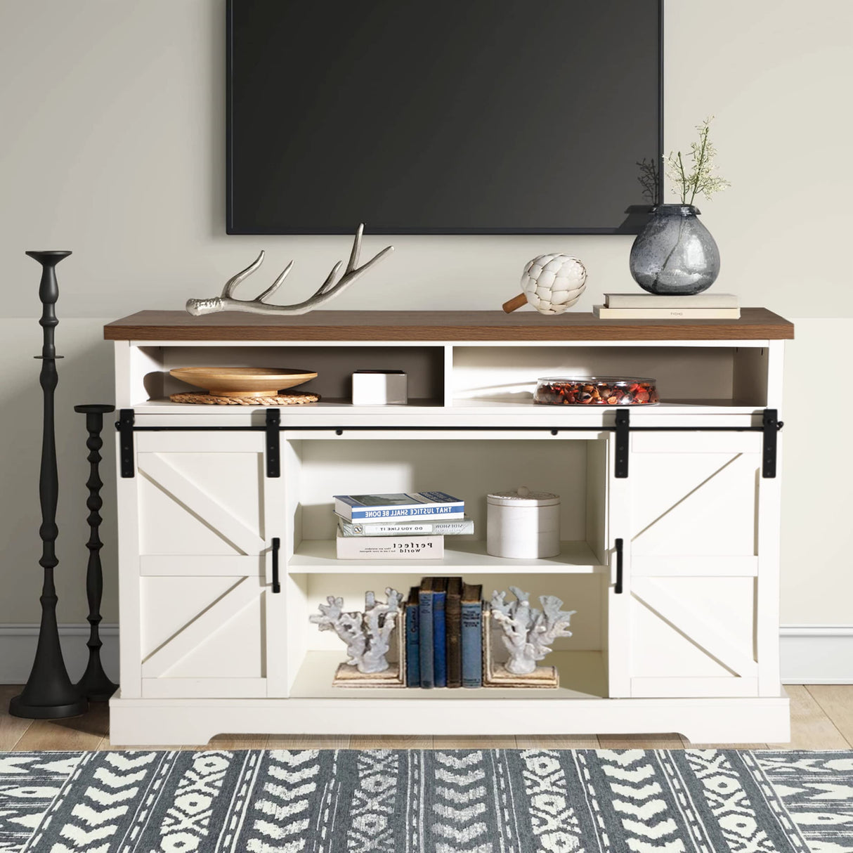 PHI VILLA Farmhouse Coffee Bar Cabinet - Sliding Barn Door Kitchen Sideboard Buffet Storage Cabinet PHI VILLA