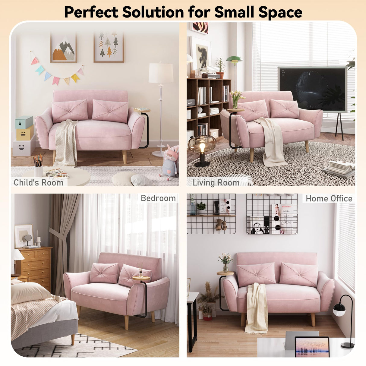 Brelice Loveseat Sofa, 47" Velvet Couch for Bedroom, Convertible Wooden Tray & Ergonomic Armrest, for Small Space, Apartment, Living Room, Home Office, Easy Assembly, Pink Brelice