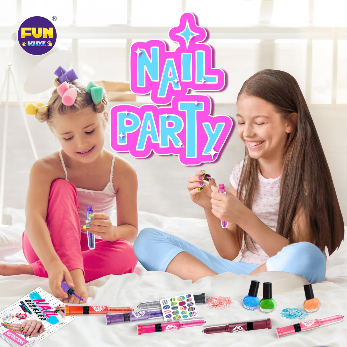 Nail Polish Pens Kit for Girls Ages 7-12, FunKidz Nail Pen Combo Kit Teen Gift Peelable Nail Art Studio Set with Cool Girly Decoration Stuff Pearl Beads, Glitter, Nail Stickers, Nail File, Gems FUN KIDZ