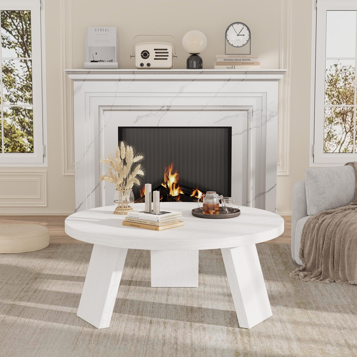 GarveeHome Round Coffee Table, Farmhouse Small Wooden Coffee Table with 3 Strong Legs, Easy Assembly, 33.5'' x 15.7'', White GarveeHome