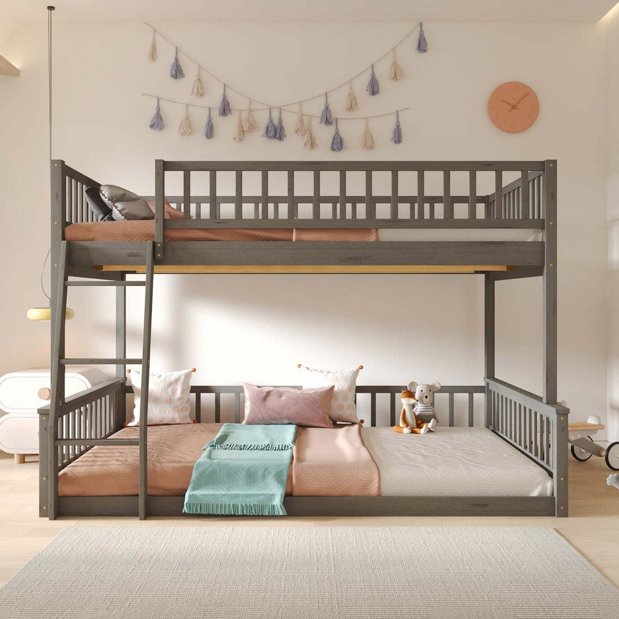 Merax Wooden Bunk Bed Full XL Over Queen for Adults Teens, Full XL Over Queen Bunk Beds with Incline Ladder and Guardrails, Bunk Beds Can Be Divided into 2 Platform Beds, Wood Slats, Grey Merax
