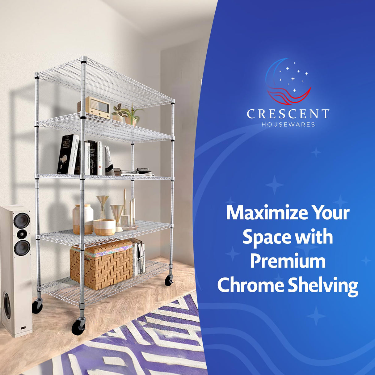 4000 LBS Heavy Duty Wire Rack 48 x 18 x 76, 5-Tier NSF Commercial Rolling Rack with Wheels, Chrome Metal Shelving Unit for Garage, Kitchen, Warehouse, Adjustable Storage Shelf, Crescent Crescent Housewares