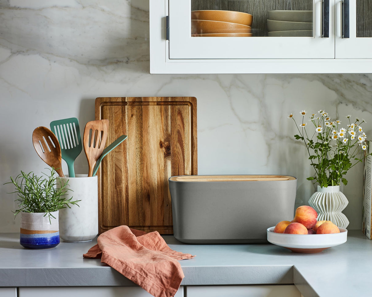 Sonder Los Angeles, Modern Bamboo Fiber (Charcoal) Bread Box for Kitchen Countertop with Reversible Wood Serving Lid, Homemade Bread Storage 14.25 x 9.25 x 7in, Storage Bin and Bread Container Sonder Los Angeles
