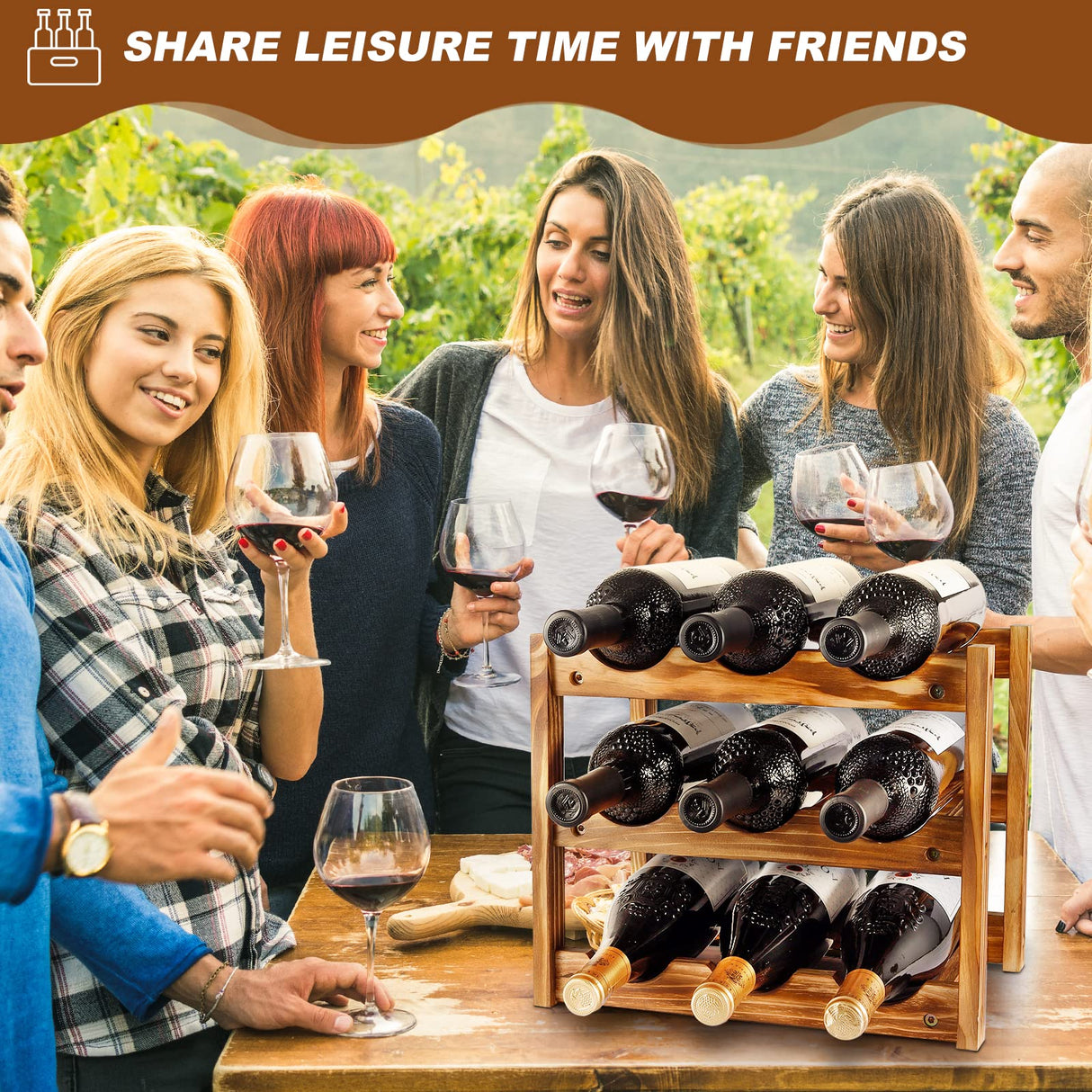 Wine Rack 9 Bottle 3-Tier Wood Wine Storage Easy-Assembly Space-Saving for Wine Lovers,Kitchen Wine Organizer for Countertop,Table Top,Pantry, Niep