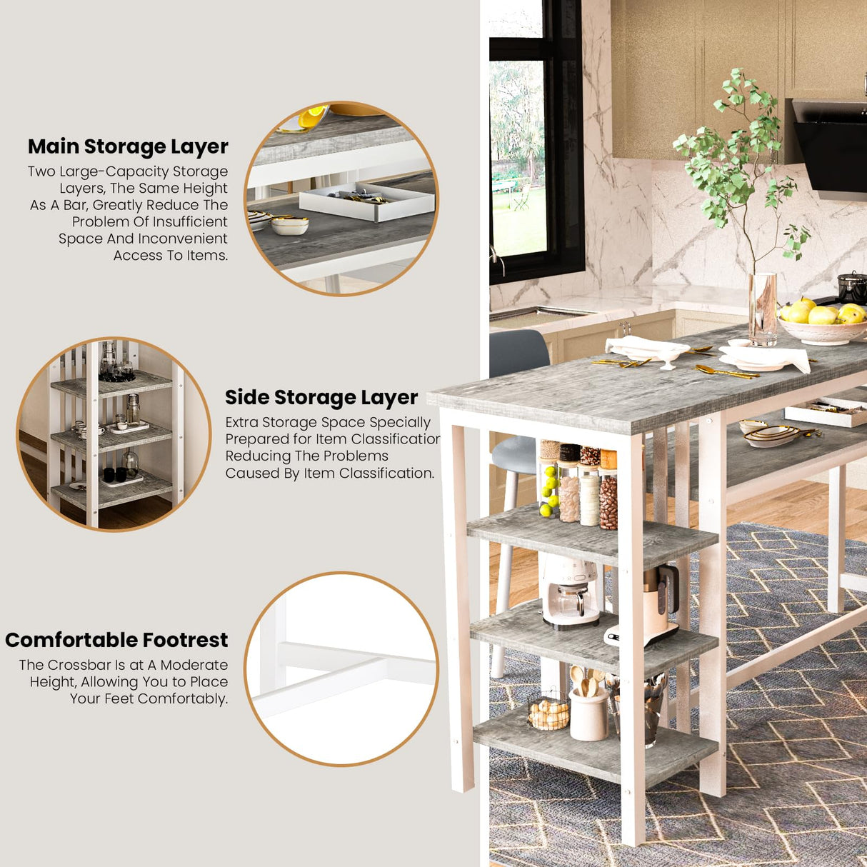 DKLGG Bar Table and Chairs Set of 2, 47" Farmhouse Counter Height Pub Set for 2 Dining Table Set with Storage & Stools Island Table for Kitchen, Home Bar, Grey DKLGG