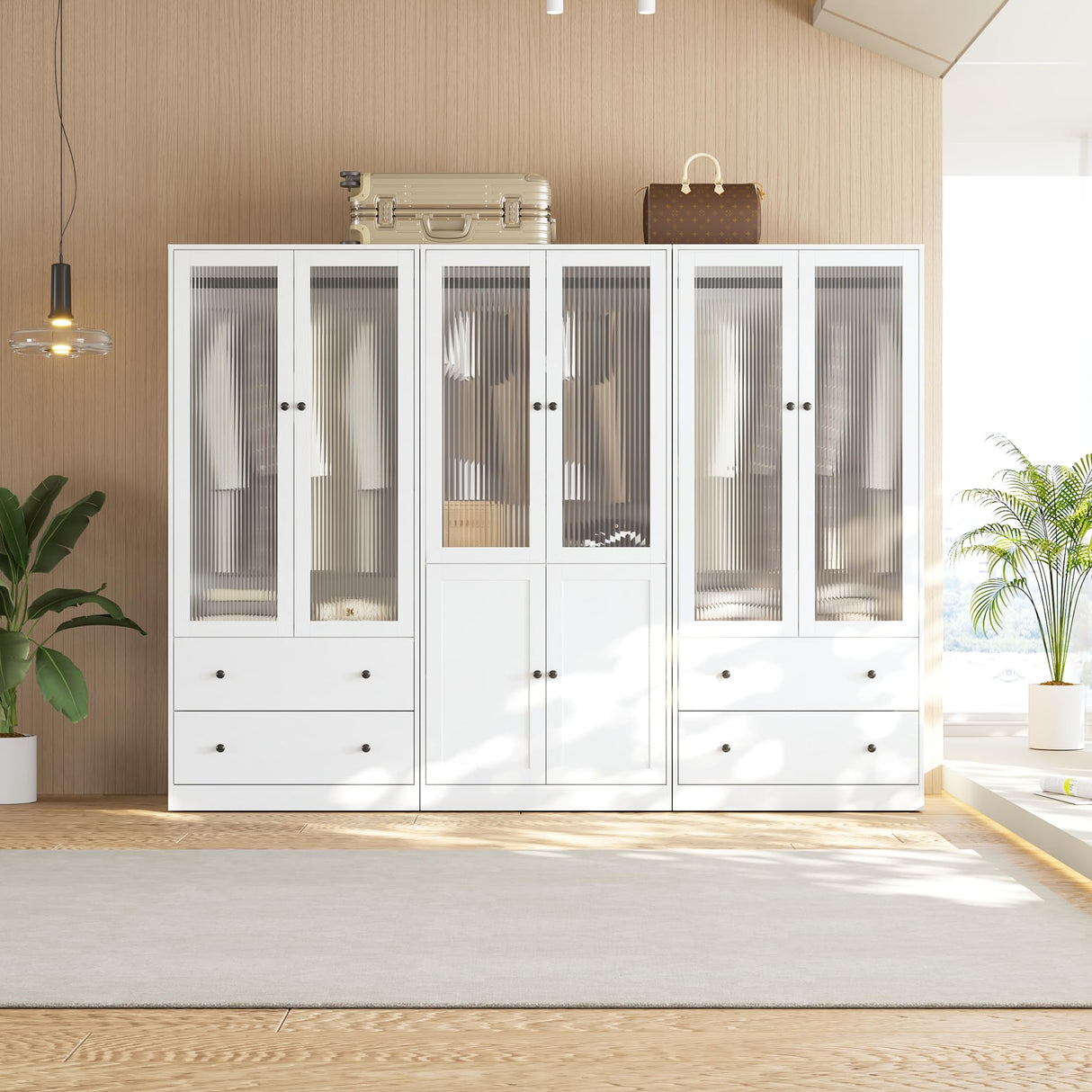 VOWNER 20“D Armoire Wardrobe Closet with Fluted Glass, 71" H Clothing Storage Cabinet with Hanging Rod, 4 Soft-Close Doors Wooden Wardrobe Cabinet for Bedroom, Large Capacity Storage White (AAC) VOWNER