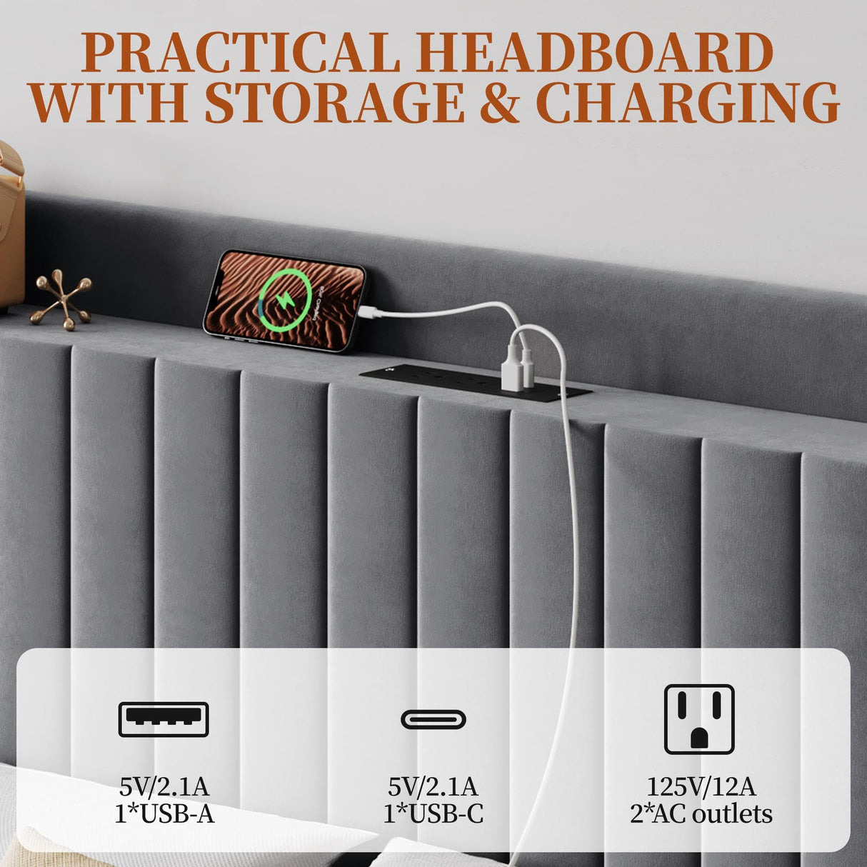 Yaheetech Queen Bed Frame with USB Charging Station and Storage Shelf/Upholstered Headboard Platform Bed with Wing Side/Wooden Slats Support/Noise Free/No Box Spring Needed/Easy Assembly, Light Grey Yaheetech