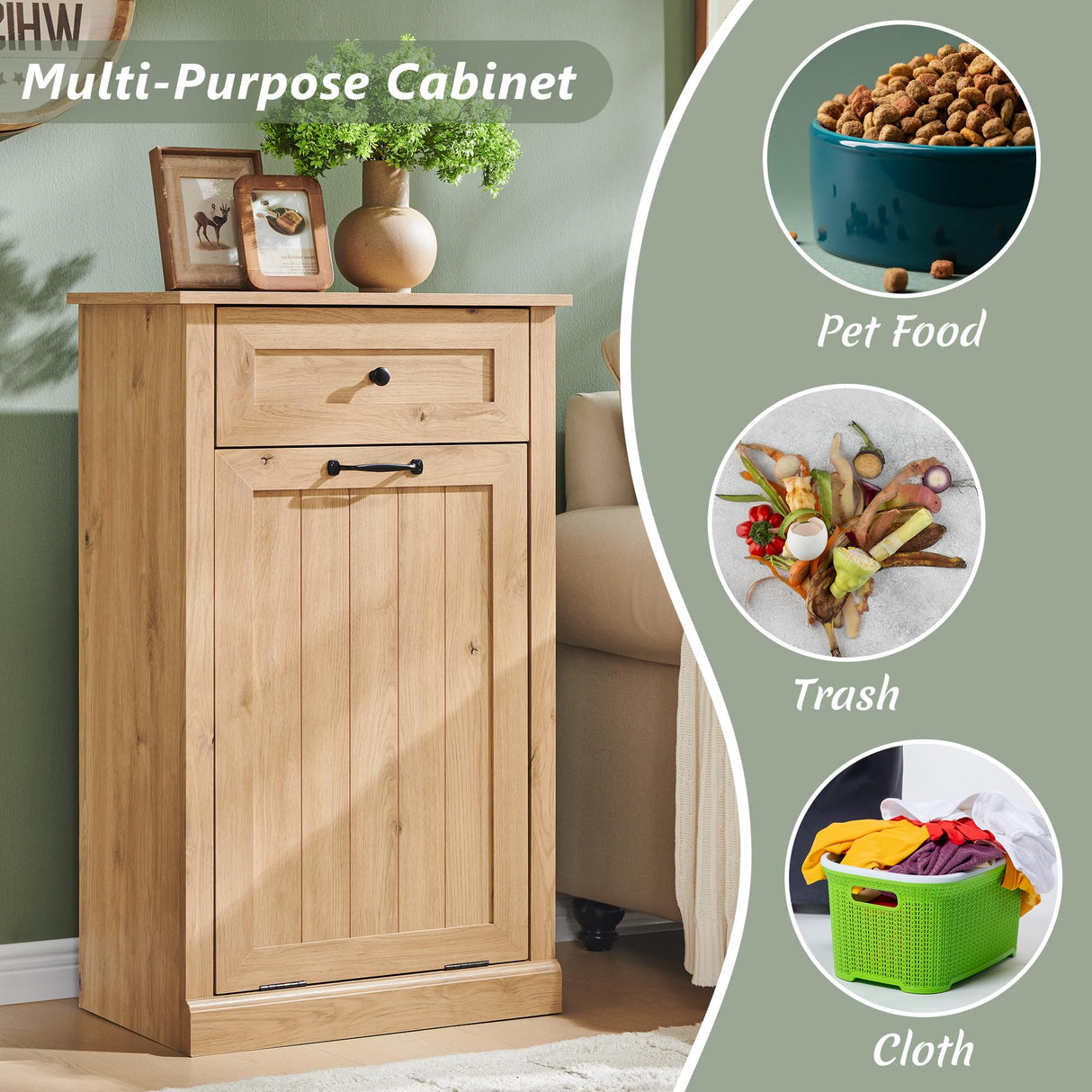 IFGET Tilt Out Trash Can Cabinet, 10 Gallon Farmhouse Laundry Hamper Cabinet with Drawer, Hidden Wooden Trash Garbage Can Bin with Storage Basket for Kitchen, Living Room (Natural) IFGET