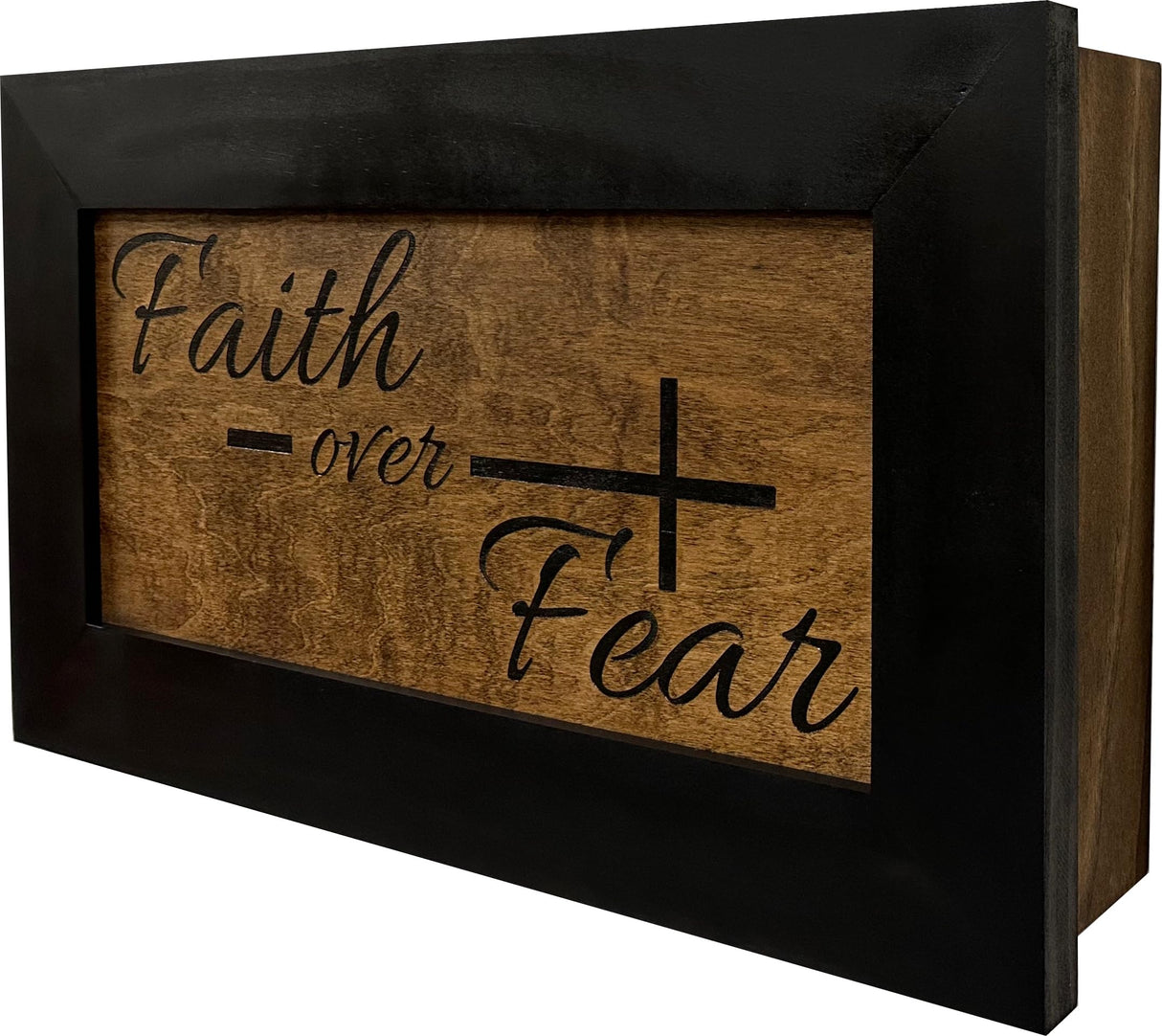 Bellewood Designs Hidden Gun Safe - Faith Over Fear Wall Gun Safe - Hidden Wall Storage - Wood Gun Cabinet - Handcrafted Religious Gun Concealment Furniture - Christian Hidden Gun Storage Bellewood Designs