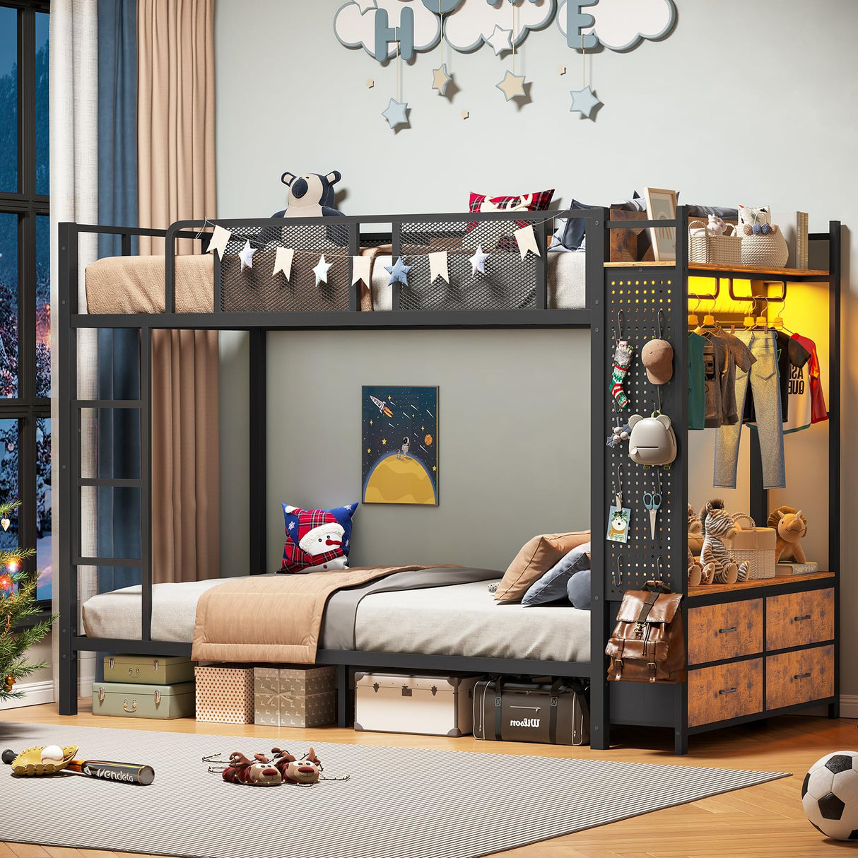 Itaar Metal Bunk Bed Twin Over Twin with Hall Tree, Power Outlet, LED Bunk Bed with 4 Storage Drawers, Bed with Safety Guardrail & Ladders, No Box Spring Needed, Easy Assembly, Rustic Brown Itaar