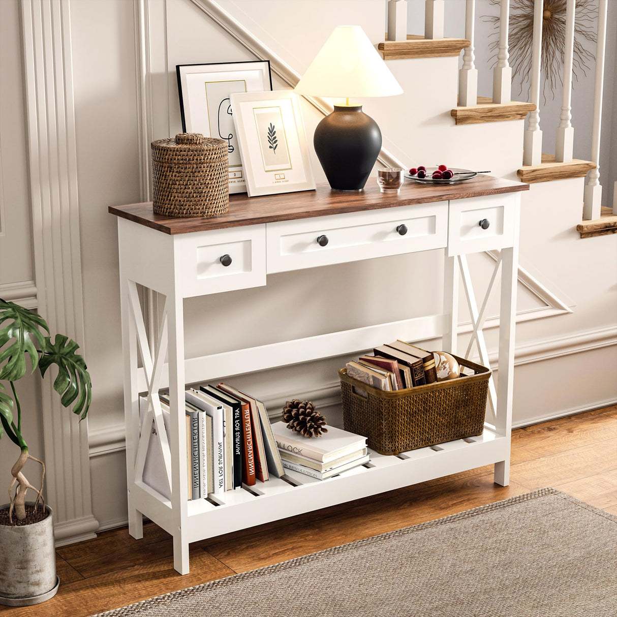 VEELOK 39.4" Farmhouse Console Table with 3 Drawers for Entryway, Rustic Entryway Table Entry Table, Sofa Table for Living Room, Hallway, Behind Couch, White and Brown VEELOK