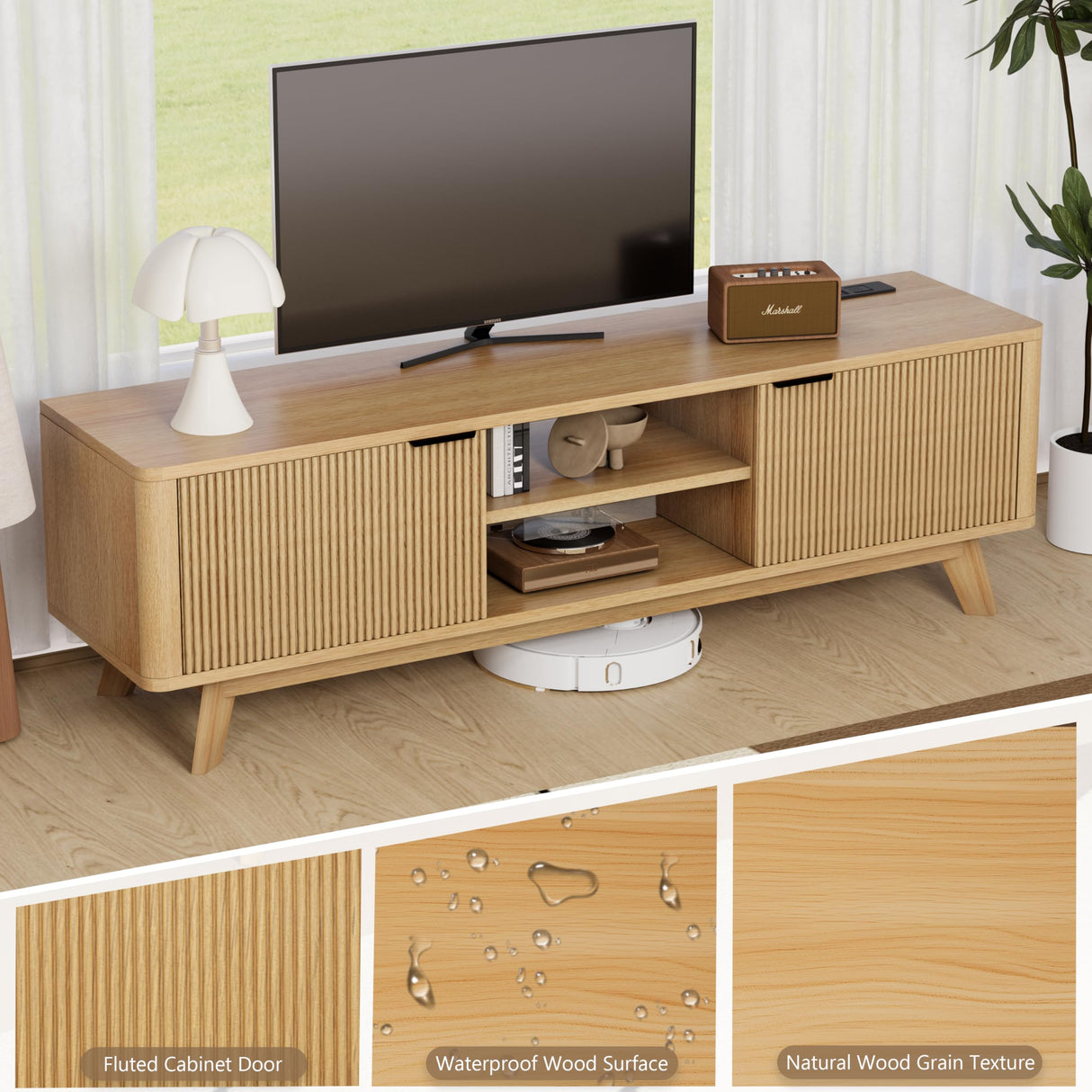 Royal Windsor Modern TV Stand for Living Room,Large TV Table with Fluted Door Cabinets and Open Shelves,Entertainment Center with Storage and TV Mount,Media Console Cabinet with Socket,Wood Grain Royal Windsor
