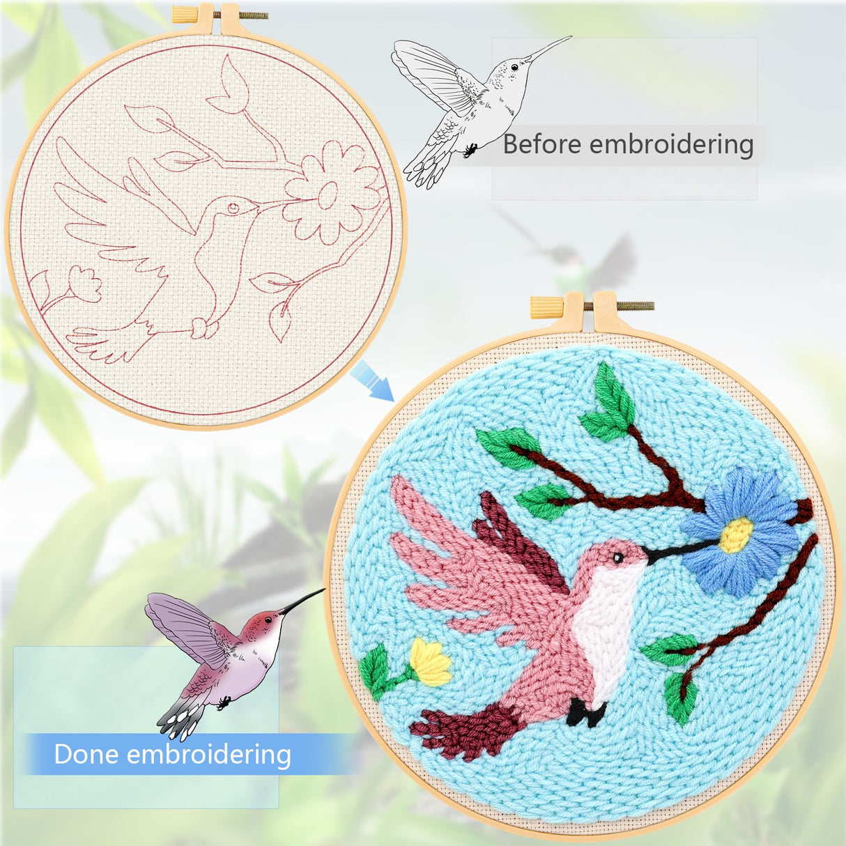 JSRQT Punch Needle Kit for Beginners, Punch Needle Starter Kit for Adult Kids with Bird Pattern, DIY Craft Cross Stitch Rug Beginners Kit, Handmade Punch Needle Embroidery Kit with Tool for Home Decor JSRQT