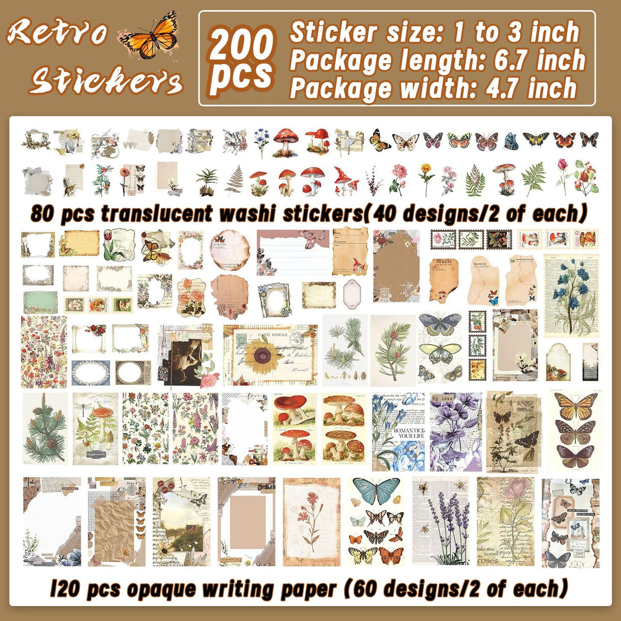 Luyoaozy 200Pcs Vintage Scrapbook Supplies Pack Kit for Junk Journal Bullet Aesthetic Paper Stickers Stuff Journaling Planners Diary Botanical Collage Luyoaozy
