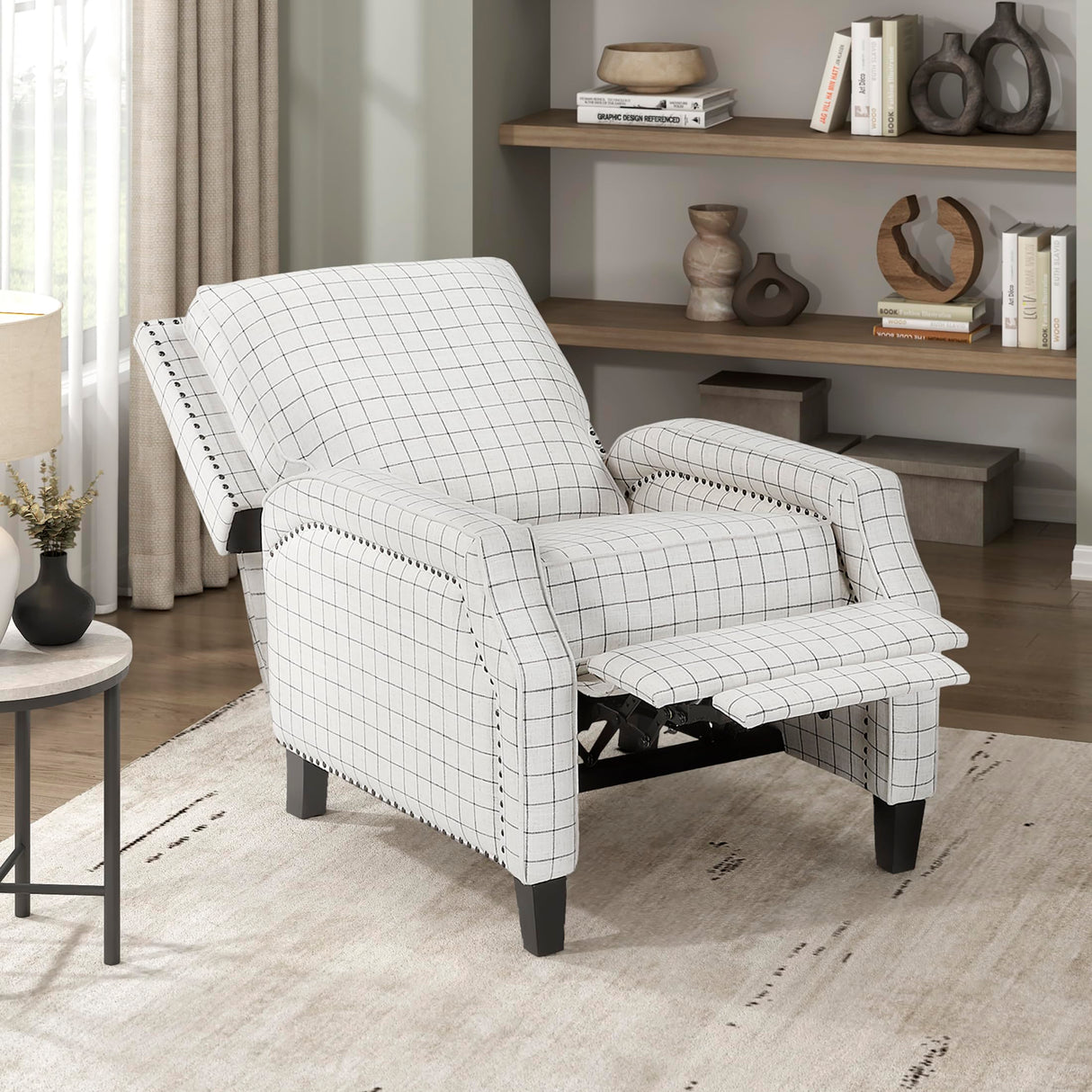Lexicon Pushback Recliner Chair, Plaid Textured Fabric Armchair Push Back Reclining Chair, Nailhead Trim, Solid Wood Legs, Easy Assembly for Living Room/Office/Apartment, Off-White Lexicon