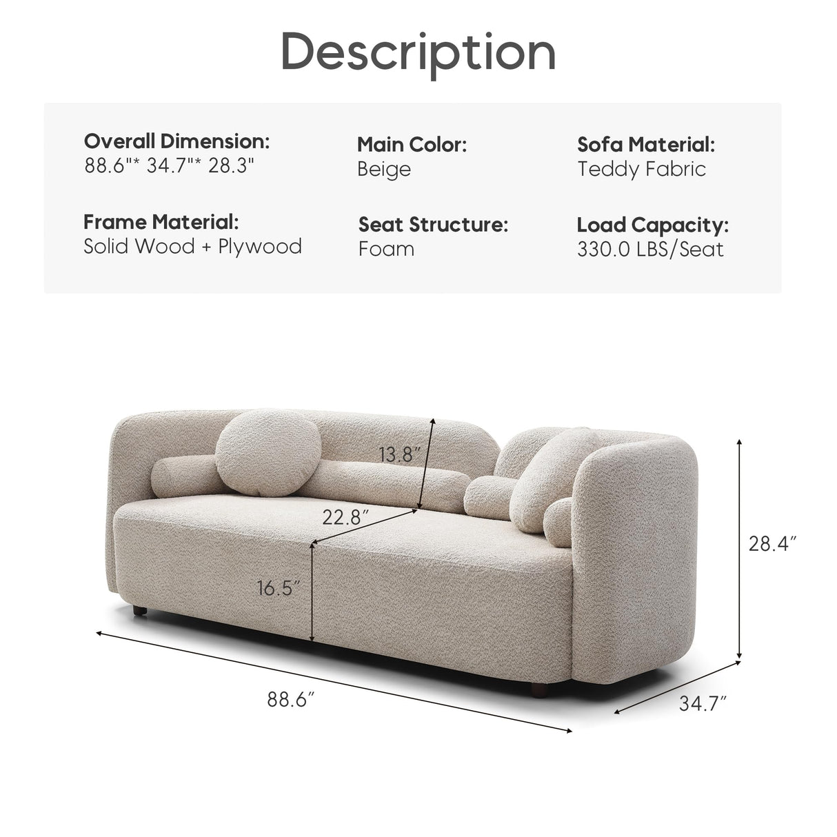 Yoglad 88.58‘’ 3-Seat Modern Curved Boucle Sofa, Cozy Thick Upholstered Teddy Loveseat, Half Moon Aesthetic Design Sherpa Couch for Small Living Room Bedroom Apartment Studio (Light Beige) Yoglad