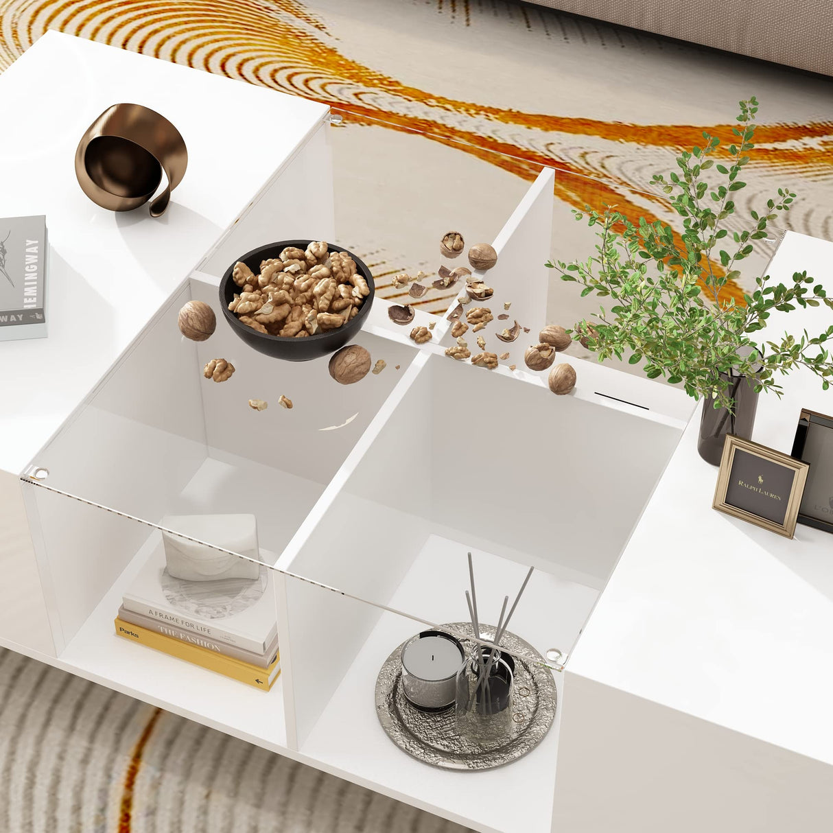 ECACAD Modern LED Coffee Table with Drawers & Open Compartments, Rectangle Coffee Center Table with Glass Top for Living Room, Bedroom, White (47.4" W x 23.6" D x 13.9" H) ECACAD