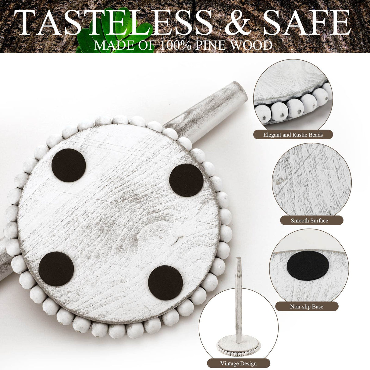 Farmhouse Paper Towel Holder Washed Beaded Paper Towel Stand Wood Paper Hanger Rack Standing Towel Roll Stand Organizer Paper Roll Holder Roll Dispenser for Kitchen Bathroom Countertop Cabinet, White Yoande