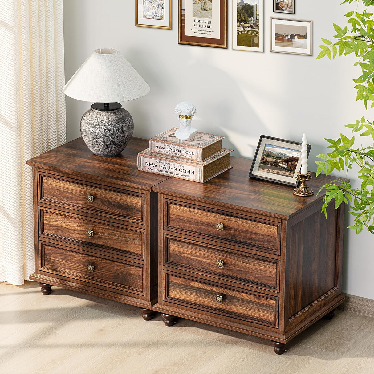 Joaxswe 24" Wide Farmhouse Night Stand Set of 2,Large End Table with 3 Drawers & Metal Handle,Wood Dresser for Bedroom,Bed Side Table Chest of Drawers Cabinet,Brown Nightstand for Living Room,Closet Joaxswe