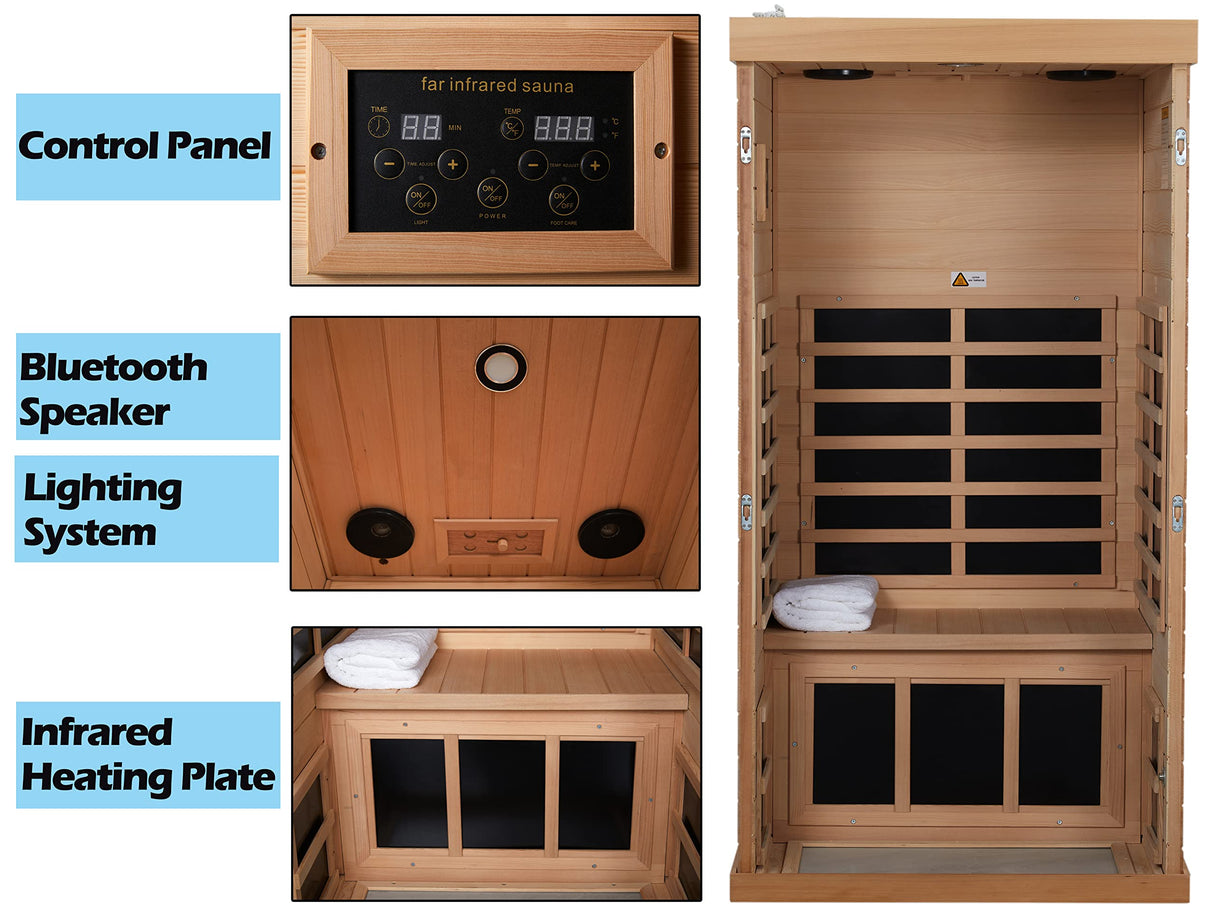 Kanlanth Red Cedar Infrared Sauna 1 Person Low EMF Far Infrared Sauna for Home, 1,350 watt, Indoor Sauna, 2 Bluetooth Speakers, 1 LED Reading Lamp Kanlanth