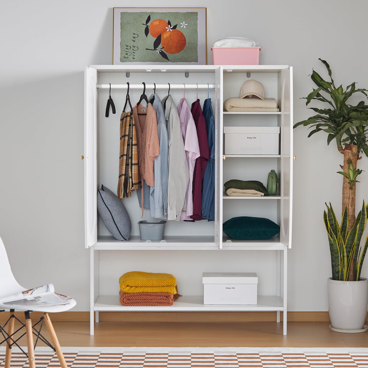 QEIUZON Wardrobe Closet, Rattan Freestanding Wardrobe Cabinet with Storage Cubes & Hanging Rod, Bedroom Armoire, 3-Doors-White QEIUZON