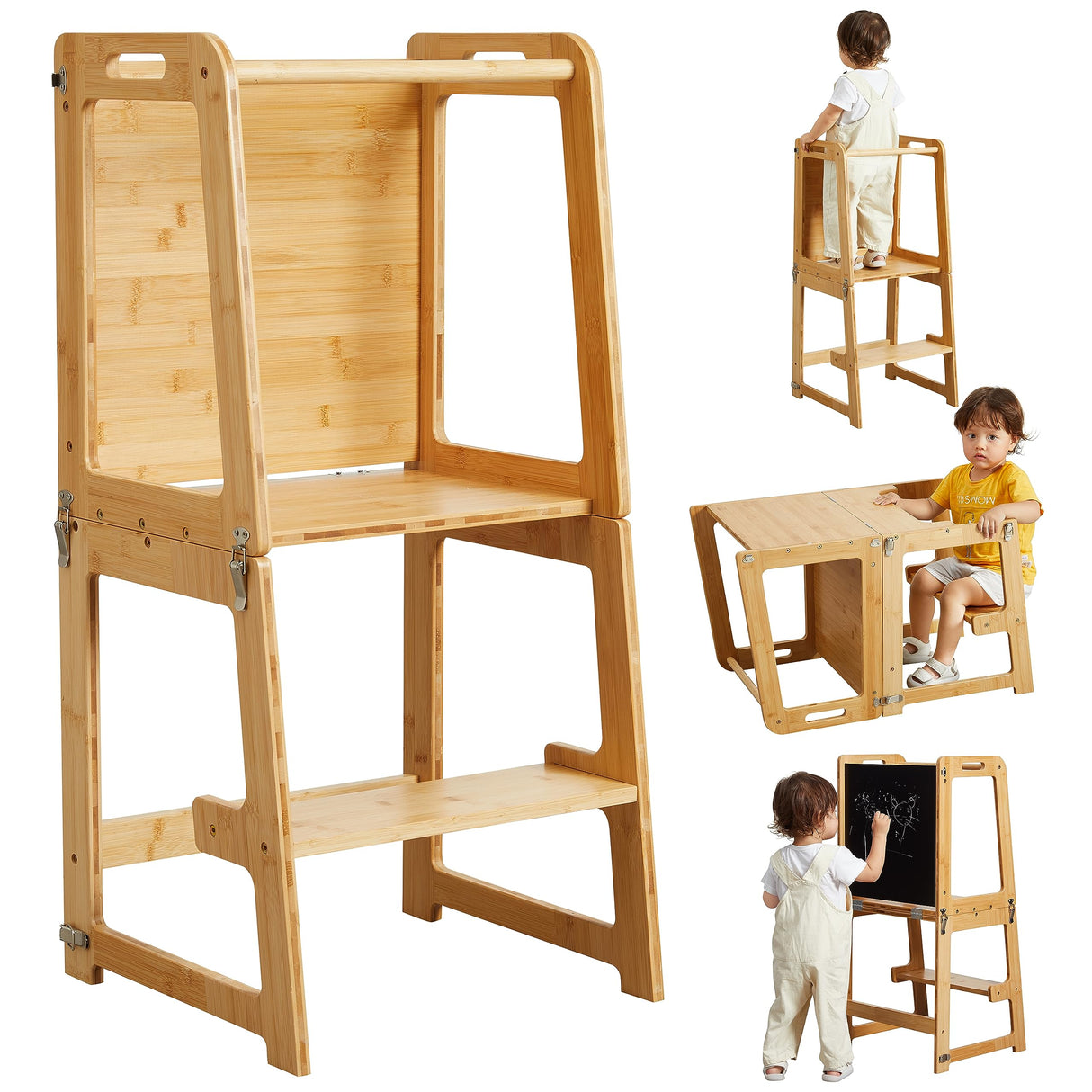 4-in-1 Standing Tower for Toddlers and Kids 1-6 Years, Bamboo Kitchen Learning Helper Stool with Chalkboard, Desk Table, and Chair (Natural) Onirw