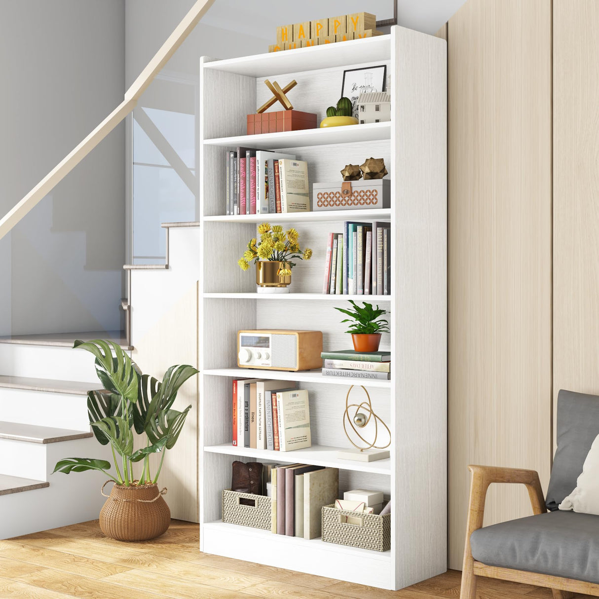 Modern 7-Tier White Bookshelf by Tribesigns - 78-inch Tall Open Library Storage Unit for Home and Office Tribesigns