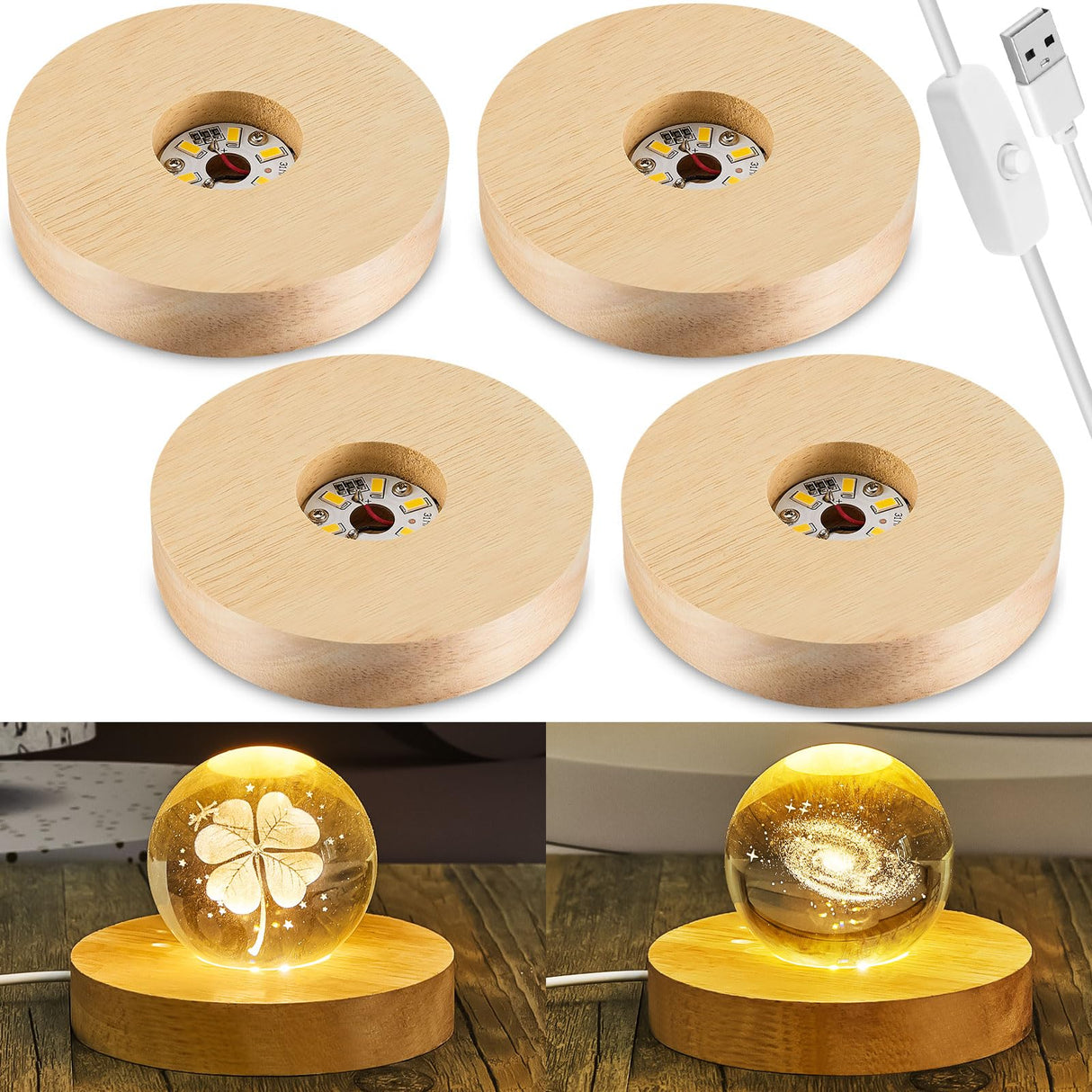 Honoson 4 Pcs LED Display Base Wooden LED Base Wood LED Light for Crystal Wood Display Lighted Base for Glass Display 3D Glass Resin Art (Round)(Round) Honoson