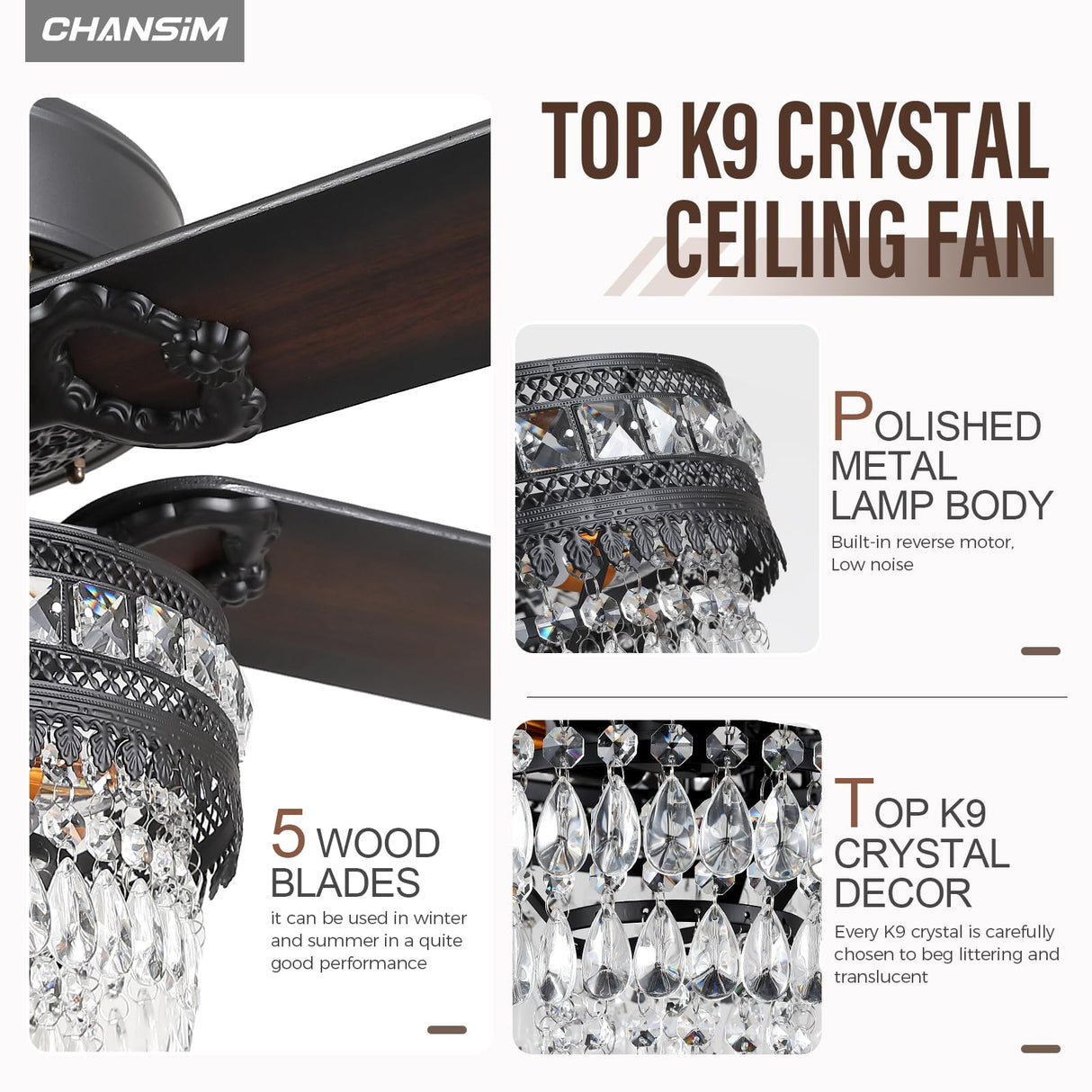 Crystal Chandelier Ceiling Fan with 3-Light, Farmhouse Fandelier with Remote - Silent DC Motor, K9-Crystal, Wood Blades, 3-Speed and Timing, Energy-Efficient Ceiling Fans for Living Room (52" Black) Chansim